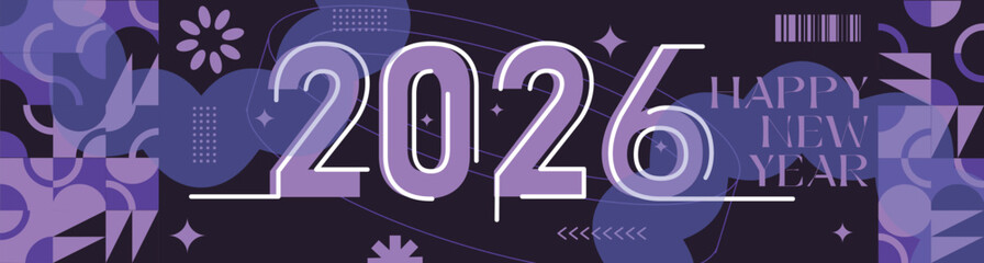 Happy New Year 2026 text design Modern Calligraphy Greetings on a Stylish background with geometric patterns, abstract pattern with lines, new year celebration design, colorful vector illustration