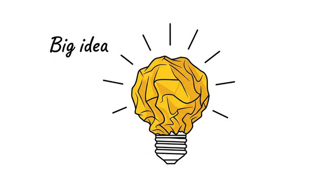 A crumpled yellow paper lightbulb with radiating lines and the words big idea on a white background