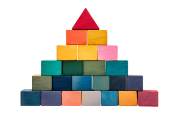 Vibrant photo of colorful wooden blocks stacked in a pyramid shape isolated on transparent background.