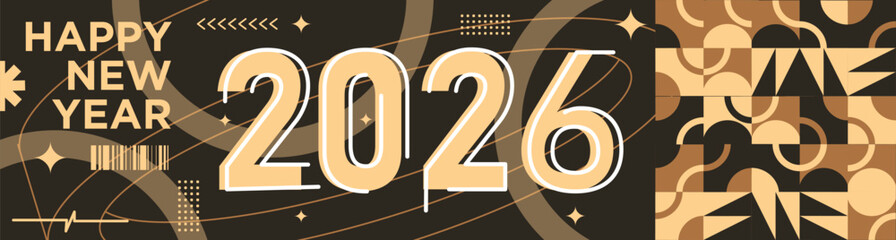 Happy New Year 2026 text design Modern Calligraphy Greetings on a Stylish background with geometric patterns, abstract pattern with lines, new year celebration design, colorful vector illustration