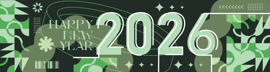 Happy New Year 2026 text design Modern Calligraphy Greetings on a Stylish background with geometric patterns, abstract pattern with lines, new year celebration design, colorful vector illustration