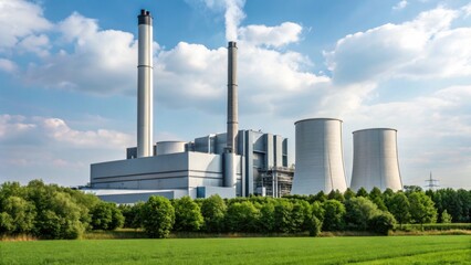 A large industrial power plant with cooling towers and chimneys emitting steam, surrounded by trees under a partly cloudy sky.
