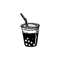 Full Bubble Tea Cup with Tapioca Pearls in Bold Black Line Style for Urban Café Menus and Asian Drink Promotion. Transparent Background Vector in Sketch Doodle Format.