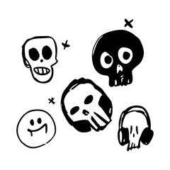 Fototapeta premium Hand Drawn Skull Doodle Set with Funny and Cute Expressions – Cartoon Tattoo Icon Collection for Stickers, Emo Style and Halloween Decor – Black Line Art SVG on Transparent