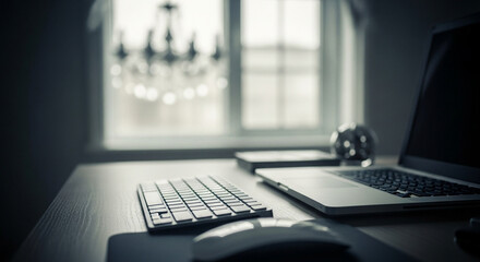 A desk with a laptop keyboard and mouse in front of a window with natural light coming through