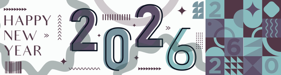 Happy New Year 2026 text design Modern Calligraphy Greetings on a Stylish background with geometric patterns, abstract pattern with lines, new year celebration design, colorful vector illustration