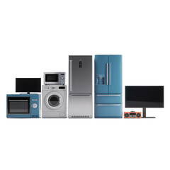 Fototapeta premium Collection of modern home appliances including refrigerators washers microwaves and televisions isolated on transparent background