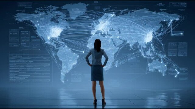 Businesswoman standing in front of a giant digital world map showing shipping routes and cargo tracking points, global logistics concept - Powered by Adobe