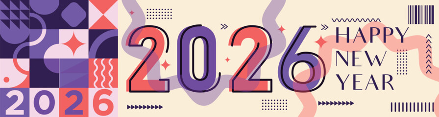 Happy New Year 2026 text design Modern Calligraphy Greetings on a Stylish background with geometric patterns, abstract pattern with lines, new year celebration design, colorful vector illustration