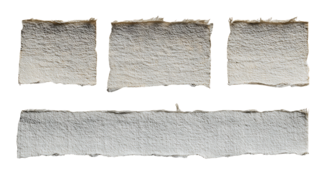 Vibrant photo of four pieces of rough textured handmade paper isolated on transparent background.