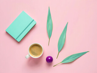 Obraz premium Aesthetic Overhead Flat Lay of a Turquoise Notebook Coffee Cup and Blue Green Leaves Arranged on a Light Pink Background with a Purple Orb