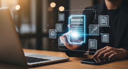 Glowing invoice projection over a sleek desk hands interacting with digital documents laptop humming in a softly lit