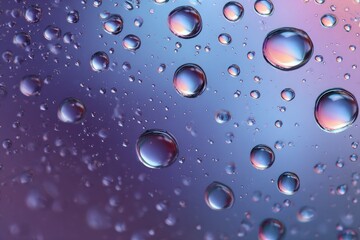 Drops of water adorn a gradient of pink purple and blue Refraction creates rainbow effects within each drop