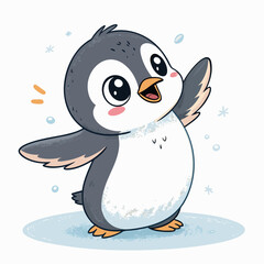 Baby Penguin Vector in Snowy Scene and Happy Mood