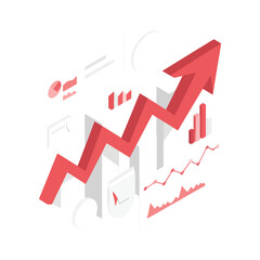 Modern Financial Data Analysis with Rising Red Arrow and Digital Business Report Interface