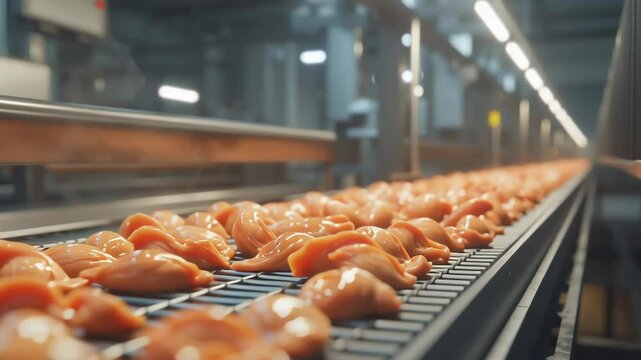 A conveyor belt with a lot of chicken on it. The chicken is being processed. The image has a serious and industrial mood