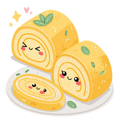 Cute Cake Roll Slices with Kawaii Character Style