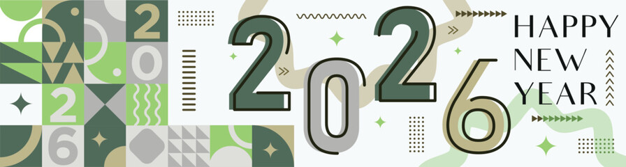 Happy New Year 2026 text design Modern Calligraphy Greetings on a Stylish background with geometric patterns, abstract pattern with lines, new year celebration design, colorful vector illustration