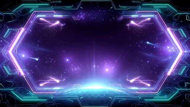 Futuristic neon tunnel with digital energy waves and glowing particles in motion