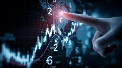 Index finger pointing at a digital screen with global currency symbols and rising graph lines, futuristic style - Powered by Adobe