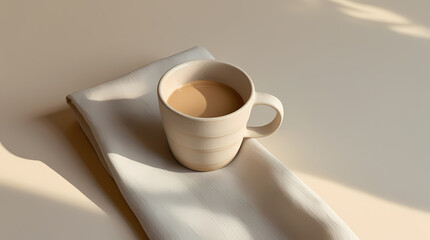 Beautiful beige cup of coffee on a linen napkin, on a neutral background.