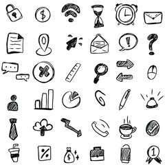 Hand Drawn Office Business Icons Set. Sketchy Doodle Elements for Presentations, Infographics, and Apps. hand drawn icons about business.