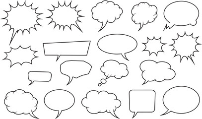 Hand-Drawn Comic Speech and Thought Bubbles Set – Vector Outline Chat and Explosion Icons Collection