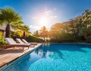 relaxing by the pool sun shining tranquil scene escape the everyday and unwind in serene surroundings perfect for vacation travel or relaxation themes travel rest