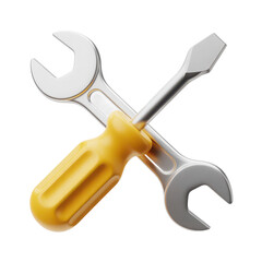 A realistic 3d rendered image of a silver wrench crossed over a yellow screwdriver isolated on transparent background