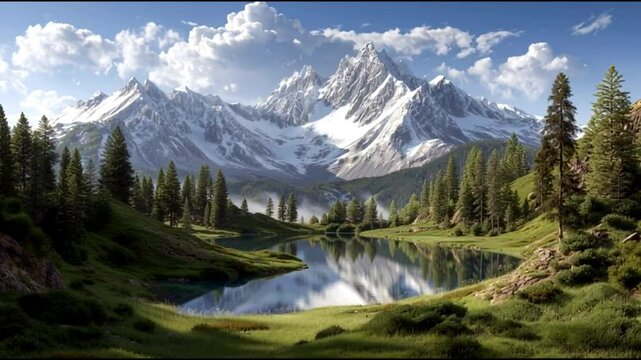 Majestic mountain reflections: serene alpine lake amidst snowcapped peaks