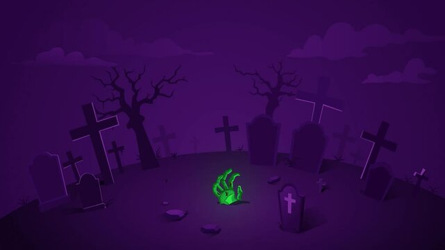 Halloween night decoration with tombstones, tree, and bat background, Zombie hand crawling out of the ground animation 4k.