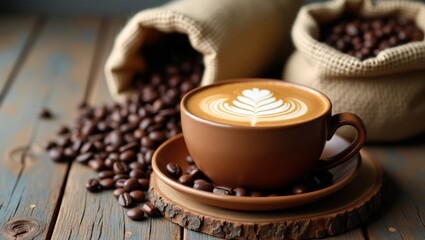 Café con arte latte en taza de cerámica, mesa de madera rústica y un saco de arpillera con granos de café © Leonardo