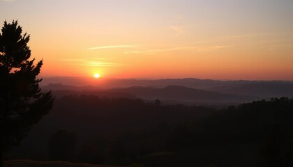 Pastel sunrise over rolling hills and silhouetted trees,  landscape,  artwork