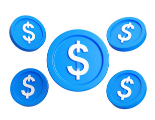 Fototapeta premium Five blue 3D coins with white dollar signs on a plain black background