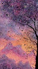 A surreal watercolor painting of a tree with galaxies in its branches
