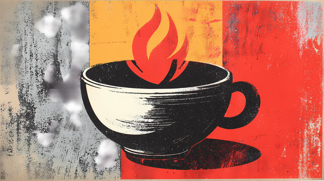 fractured iconography. | sharp edge masking | mid-century advertising | brutalist graphics | Cup with flame - bold graphic style. silkscreen print