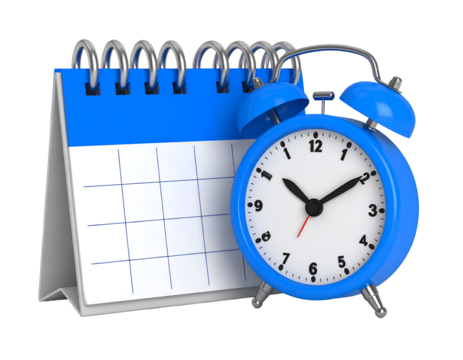Blue calendar and alarm clock, 3D illustration, time management