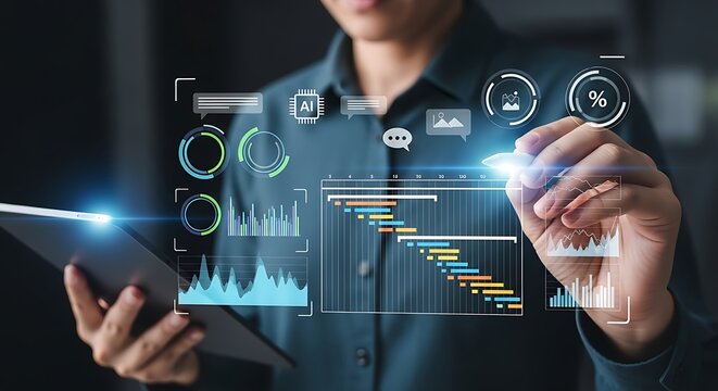 Digital Architect in Dark Teal Shirt Shaping Future with Projected Graphs Bright Lights and Data on Tablet Innovative