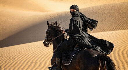 Veiled woman riding a horse in the desert