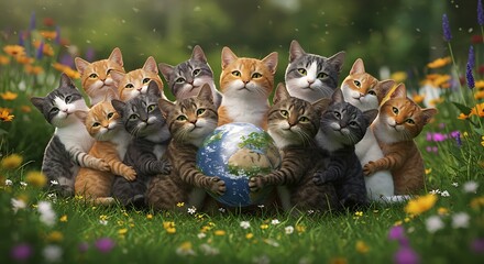 Adorable Cats Embrace Earth: Whimsical Group in Lush Green Meadow