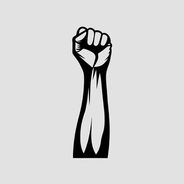 A black grayscale vector icon of a clenched fist and forearm on white background.&nbsp;
