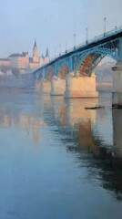 A dreamy watercolor painting of a bridge over a misty river