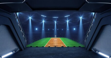 Entrance to a floodlit sports stadium full of cheering fans with an cricket pitch before a league match. Professional sports 4k video for advertisement background.