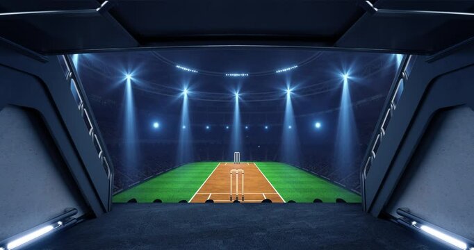 Entrance to a floodlit sports stadium full of cheering fans with an cricket pitch before a league match. Professional sports 4k video for advertisement background.