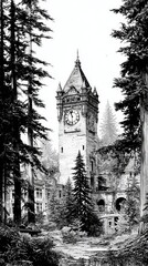A surreal ink drawing of a clock tower in a dreamlike forest