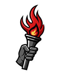 stylized hand holding a torch. The hand is a dark gray outlined on white.