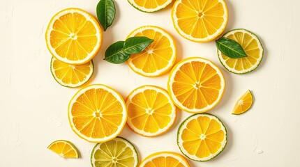 Overhead view of sliced citrus fruits with green leaves against a light background