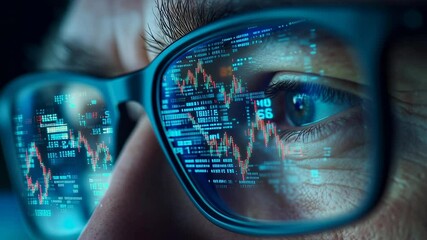 A man is looking at a computer screen with a blue screen that has a lot of numbers and symbols - Powered by Adobe