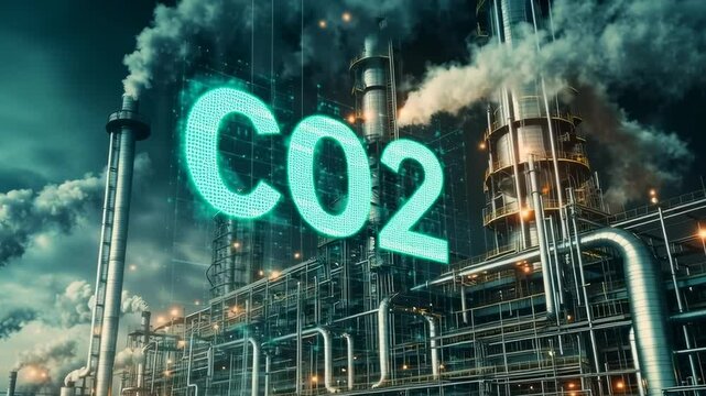 A factory with a large green CO2 sign on it. The sky is dark and smoggy
