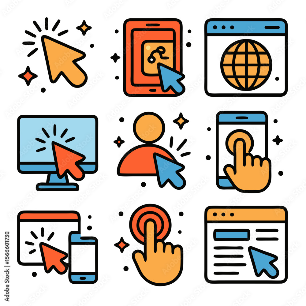 Fototapete click nine colorful clickable interface icons for intuitive user interaction. suitable for web desig